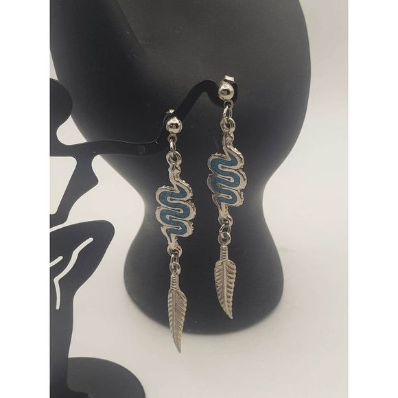 Native American Silver-tone Metal Post Snake Design-Turquoise in Center-Feathers - Picture 1 of 5